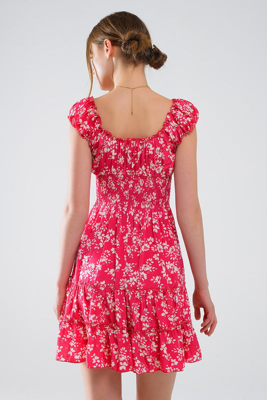 Red Short dress With White Floral Print And Elastic Waist - Dresses