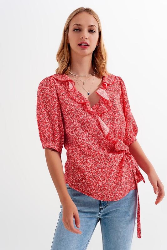 Red wrap top in clustered flower print - Tops
