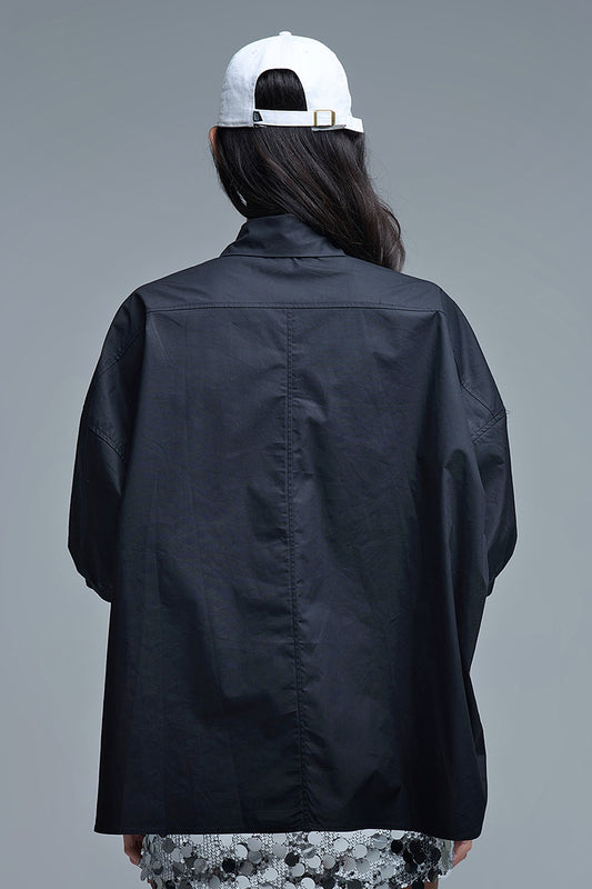 Relaxed 3/4 Sleeve Poplin Shirt With Button Detail in Black - Shirts