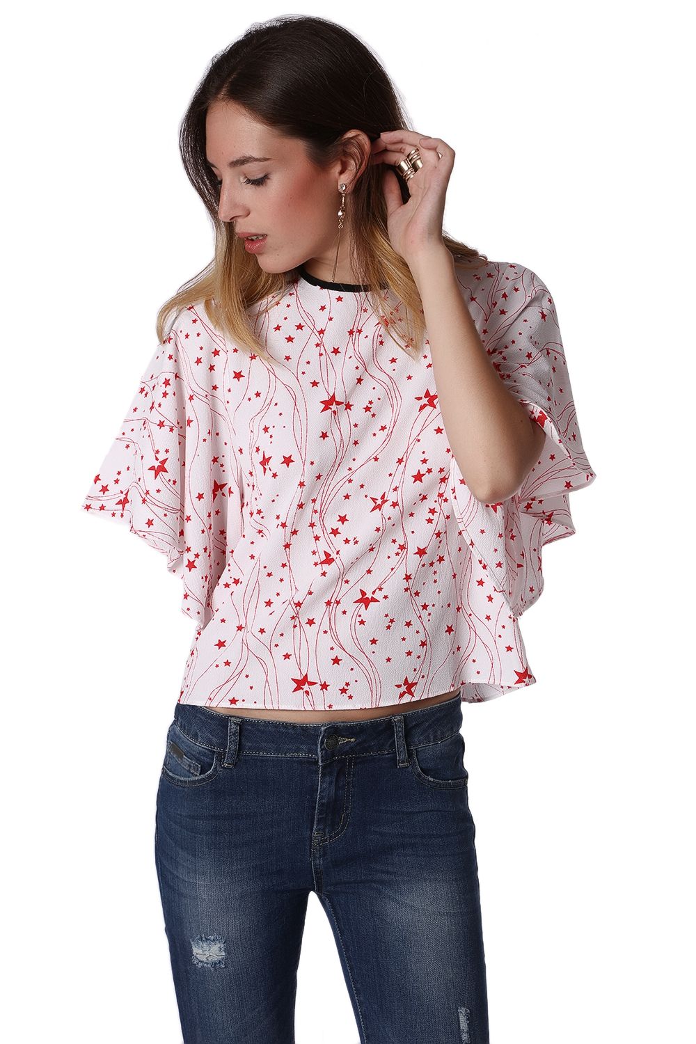 Relaxed Angel Sleeve Top In Black Star Print - Tops