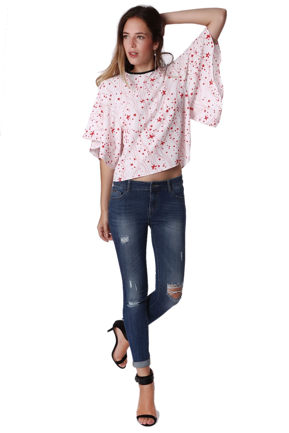 Relaxed Angel Sleeve Top In Black Star Print - Tops
