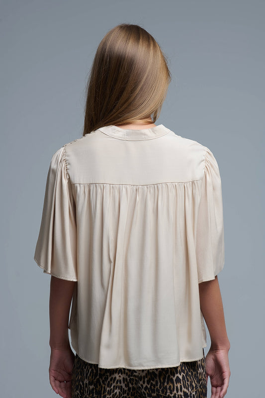 Relaxed Beige boho-style blouse with embroidered details - Tops