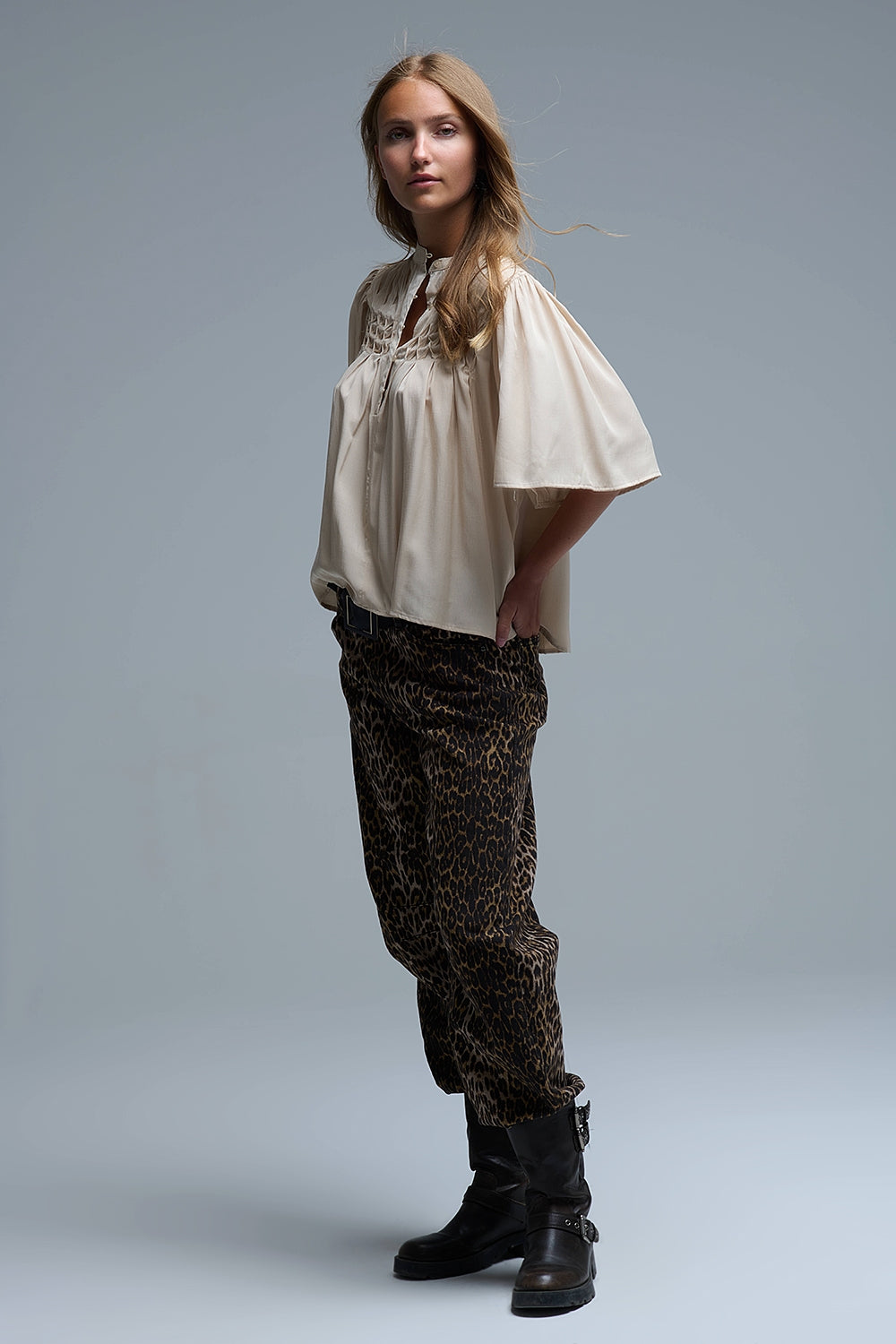 Relaxed Beige boho-style blouse with embroidered details - Tops