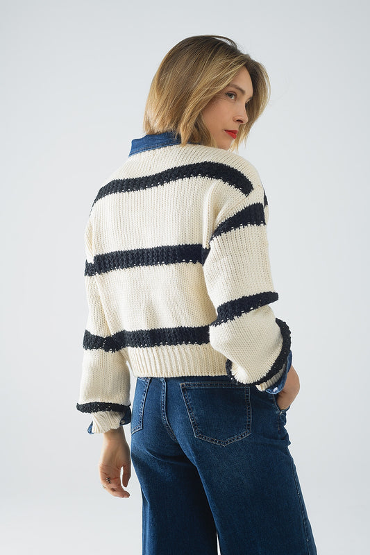 Relaxed beige jumper with black stripes - Jumpers