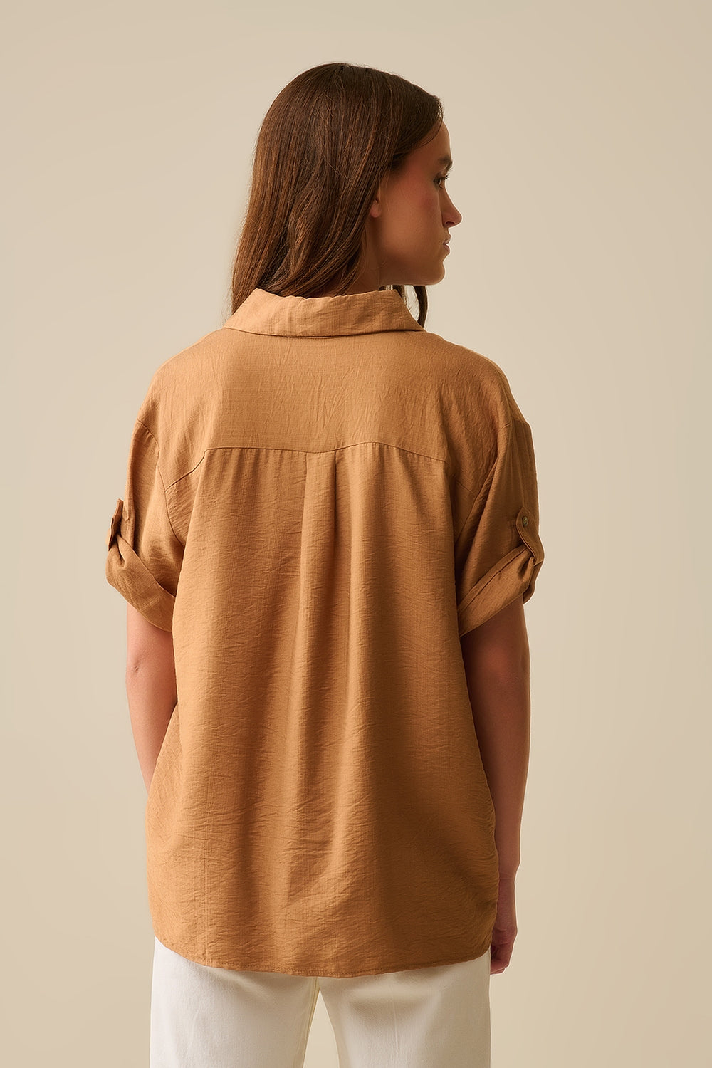 Relaxed Camel Short Sleeve Shirt With Gold Buttons - Shirts