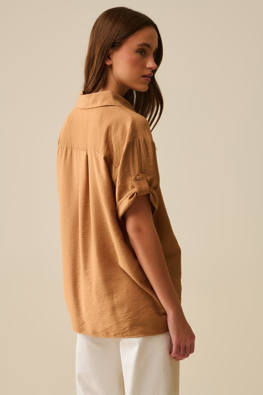 Relaxed Camel Short Sleeve Shirt With Gold Buttons - Shirts