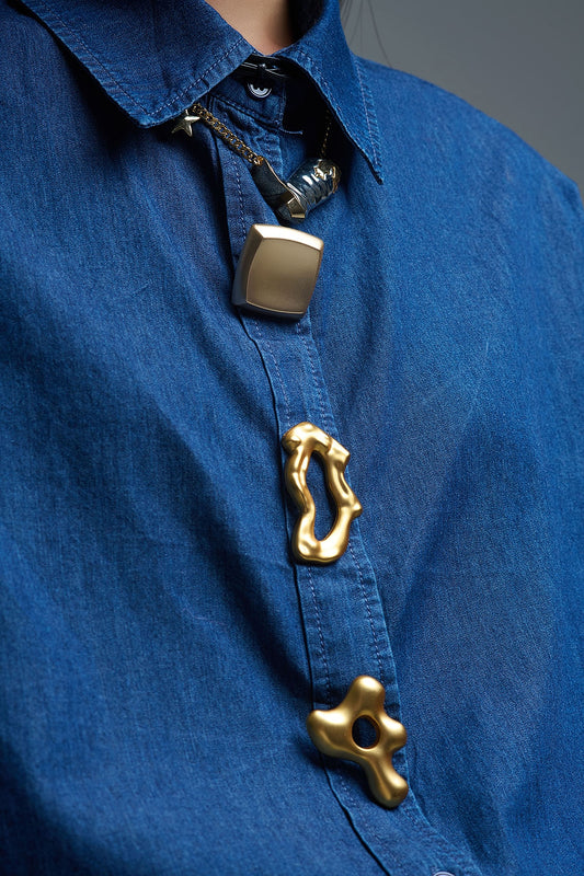 Relaxed Denim Shirt With Gold Abstract Buttons - Shirts