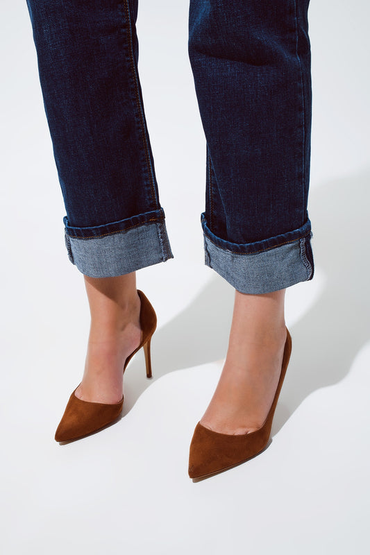 relaxed fit blue jeans with cuffed hem detail - Jeans