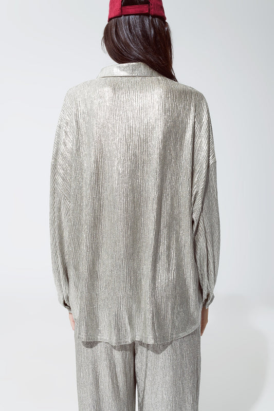 Relaxed Fit Button Down Shirt With Balloon Sleeves in Silver - Shirts
