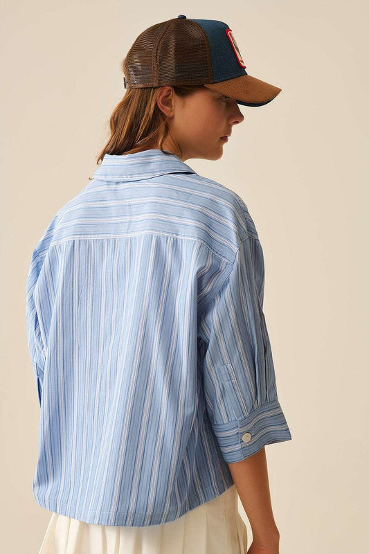 Relaxed fit Cropped Striped Shirt in Blue - Shirts