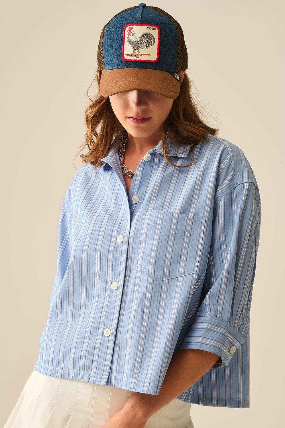 Relaxed fit Cropped Striped Shirt in Blue - Shirts