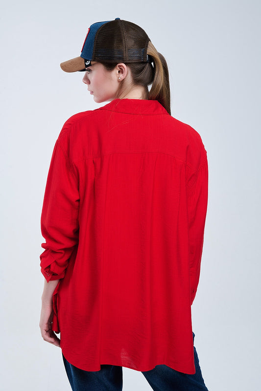 relaxed fit Red Shirt 3/4 Sleeves and High Low Hem - Shirts