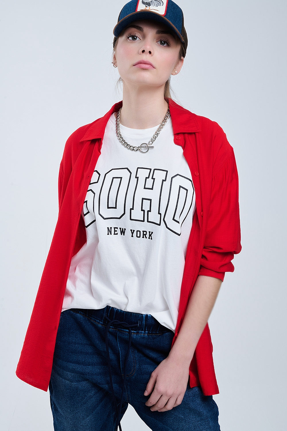 relaxed fit Red Shirt 3/4 Sleeves and High Low Hem - Shirts