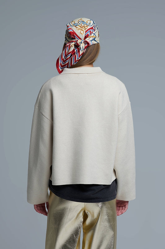 Relaxed Formal Knitted Cardigan With Chest Pockets in Beige - Sweaters