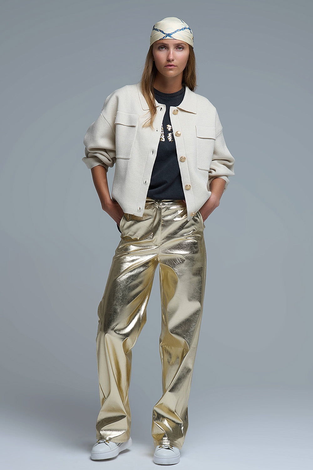 Relaxed Formal Knitted Cardigan With Chest Pockets in Beige - Sweaters