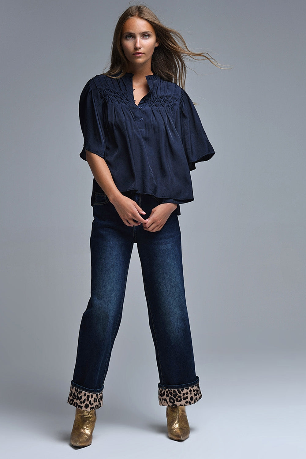 Relaxed Navy boho-style blouse with embroidered details - Tops