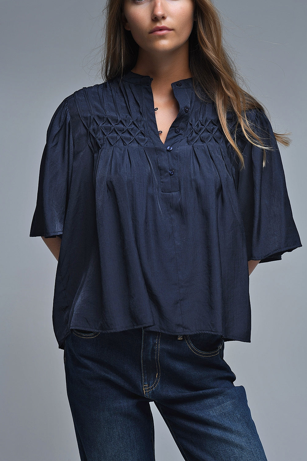 Relaxed Navy boho-style blouse with embroidered details - Tops