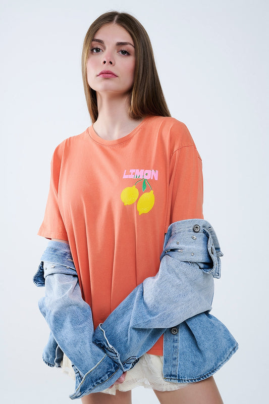 relaxed orange t-shirt with lemon print - T-Shirts