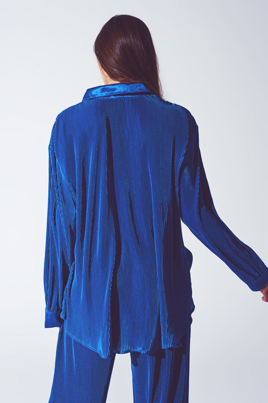 Relaxed Pleated Satin Shirt in Blue - Shirts
