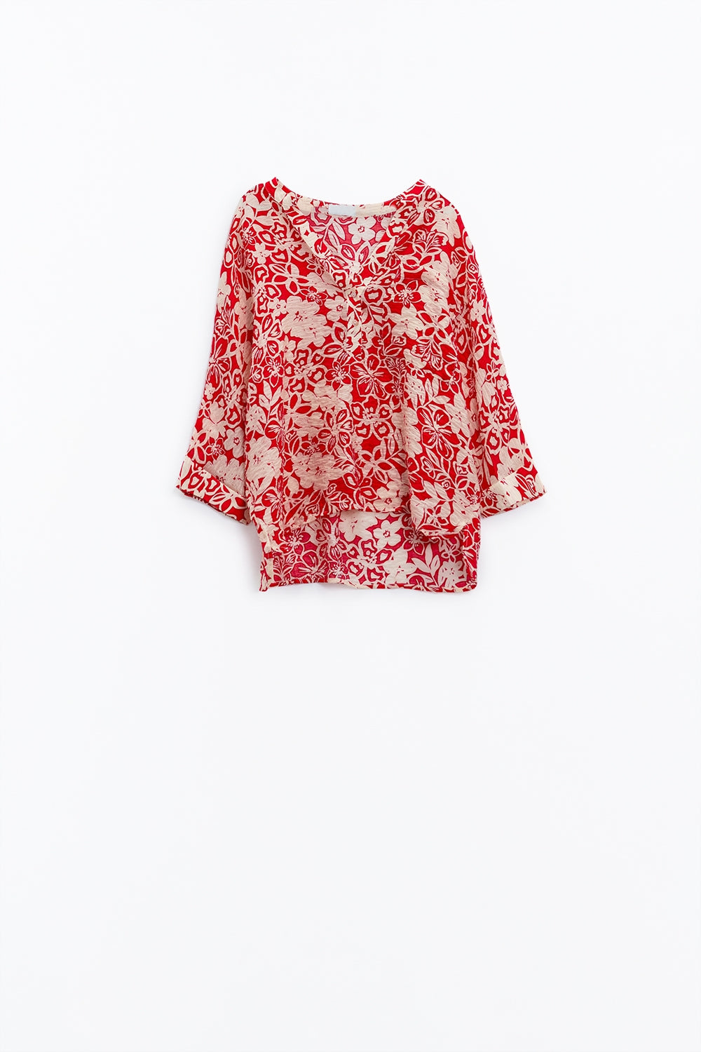 Relaxed red Floral Print Blouse With Bell Sleeves - Blouses