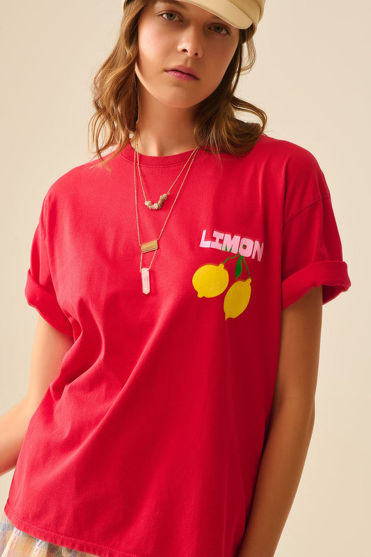 relaxed red t-shirt with lemon print made in Italy - T-Shirts