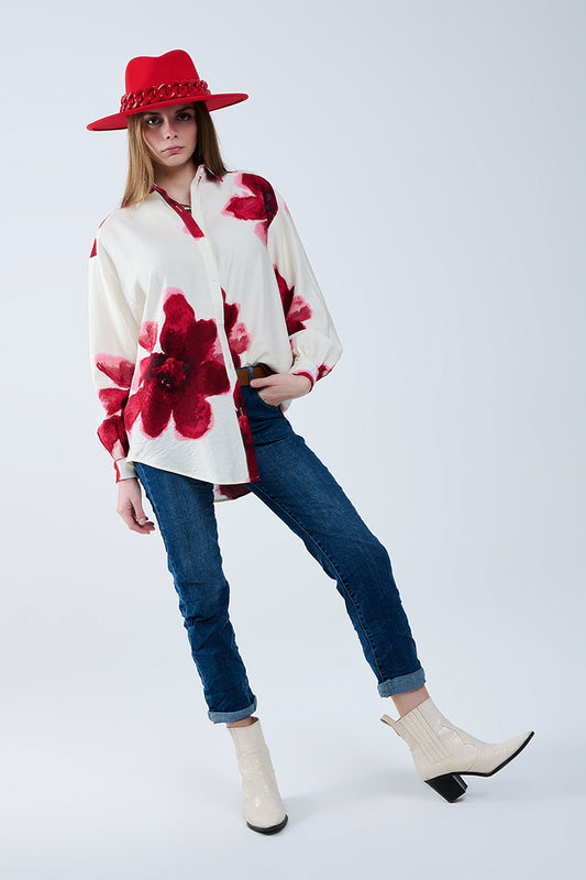 Relaxed Shirt in Beige With Red Tropical Flower Print in Red - Shirts