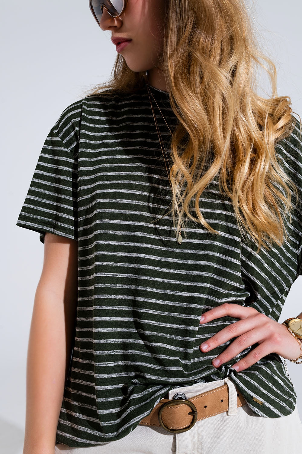 Relaxed Striped T-shirt With Crew Neckline In Khaki - T-Shirts