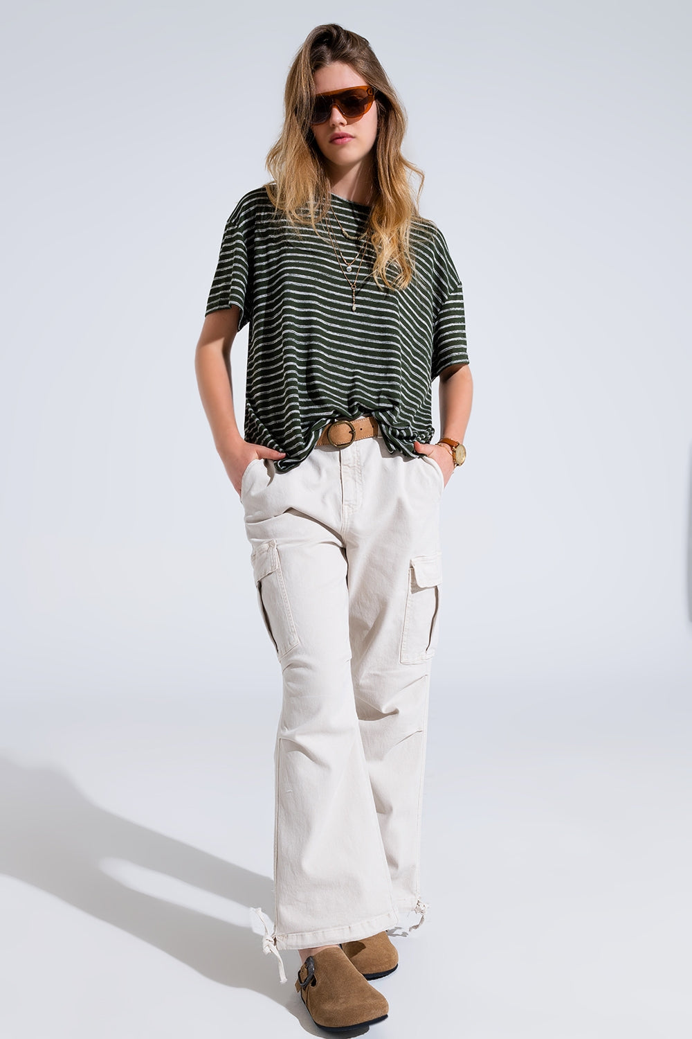 Relaxed Striped T-shirt With Crew Neckline In Khaki - T-Shirts