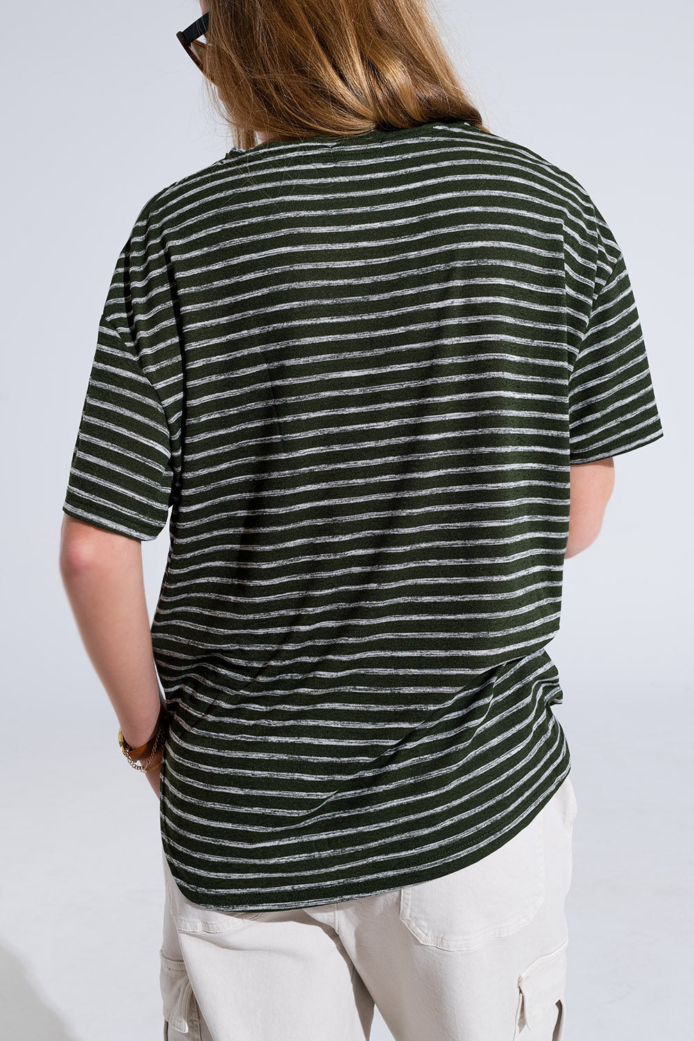 Relaxed Striped T-shirt With Crew Neckline In Khaki - T-Shirts