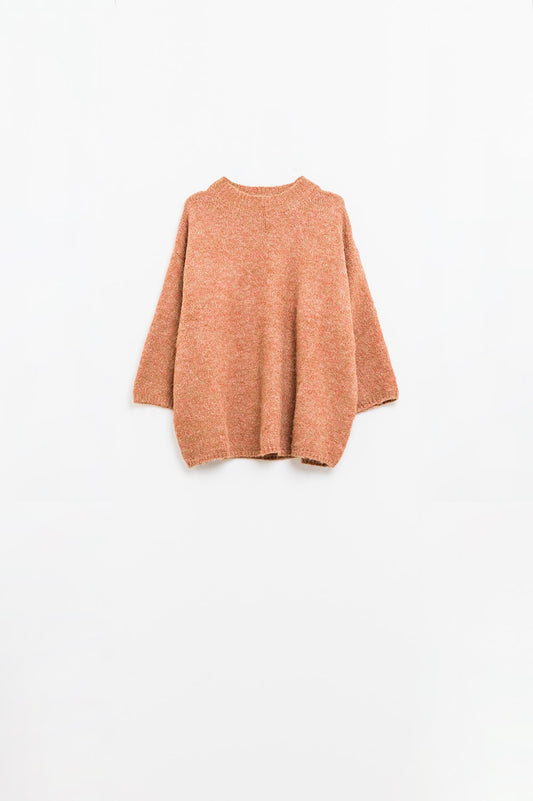 Relaxed sweater with french sleeve and crewneck in camel - Jumpers