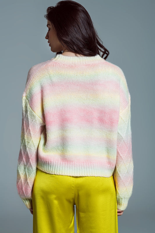 Relaxed Sweater With Ombre Print in Shades Of Pastel And Argyle Print At The Sleeves - Jumpers