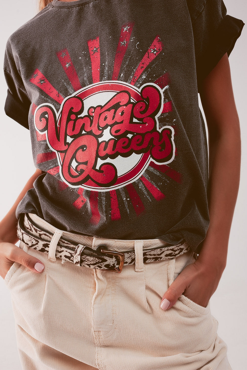 Relaxed t shirt with black Vintage Queens graphic print - T-Shirts