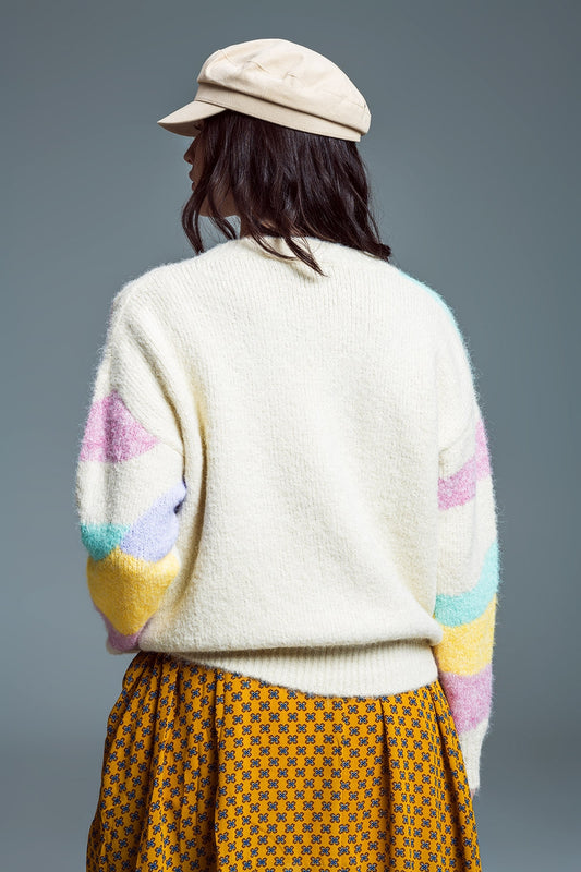 Relaxed V-neckline Sweater Beige With Abstract Stripes in Pastel Colors - Jumpers