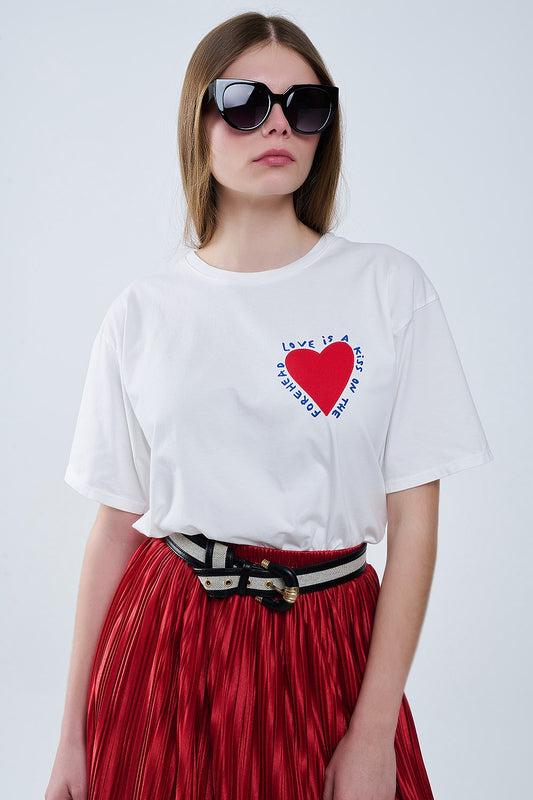 Relaxed white T-shirt featuring a heart design on both the front and back - T-Shirts