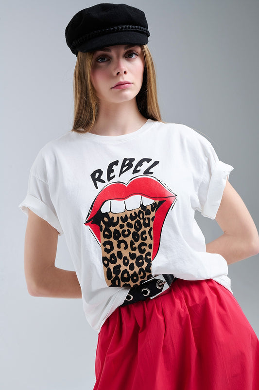 Relaxed White T-shirt With Rebel and Lips Graphic Print - T-Shirts