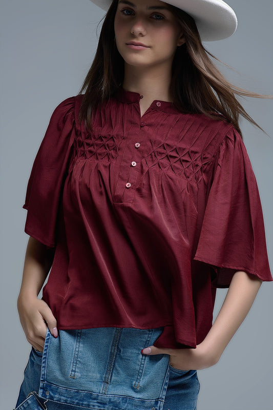 Relaxed wine-colored boho-style blouse with embroidered details - Shirts