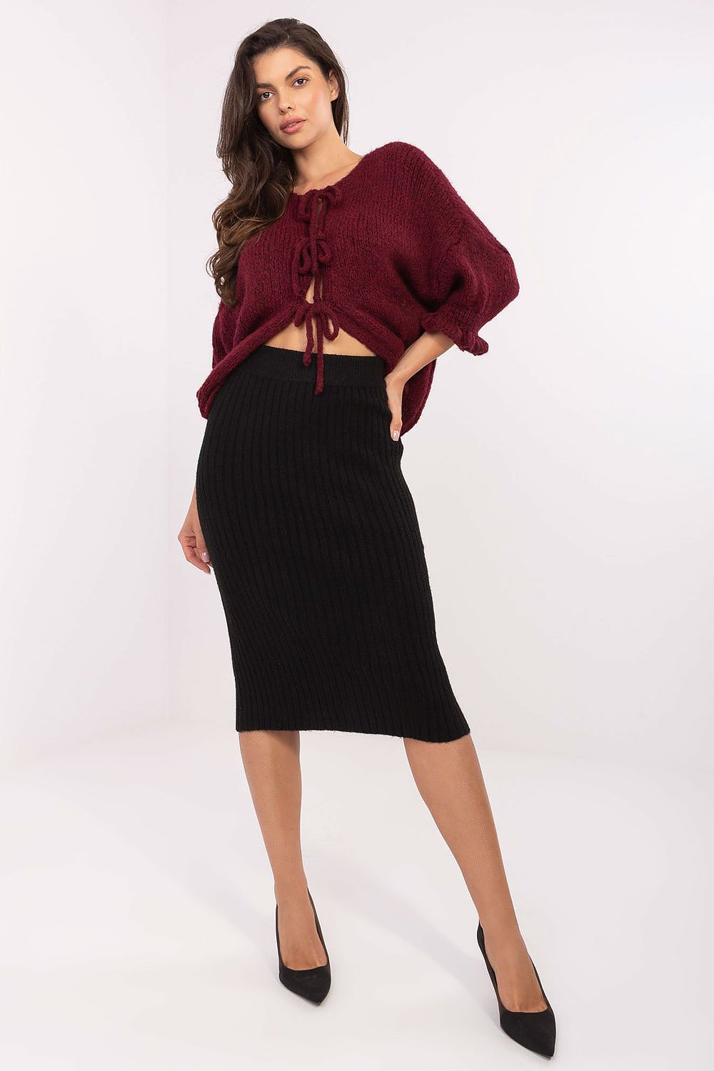 Sublevel Ribbed Black Midi Skirt for Effortless Style black - Skirts
