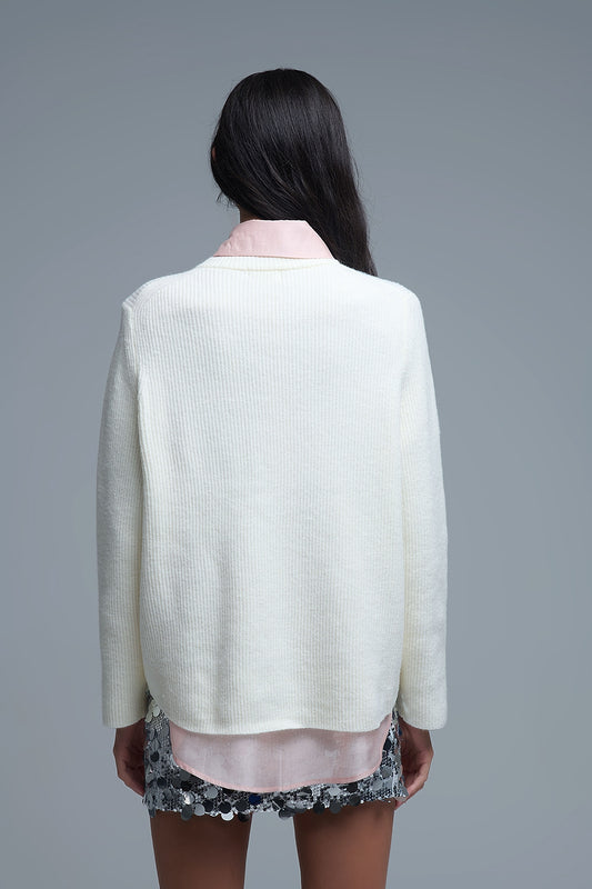 Ribbed Comfy Knit Sweater in Cream - Sweaters