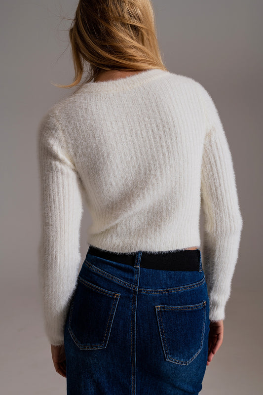 RIbbed Cropped Sweater With Stitching Detail in Ecru - Tops
