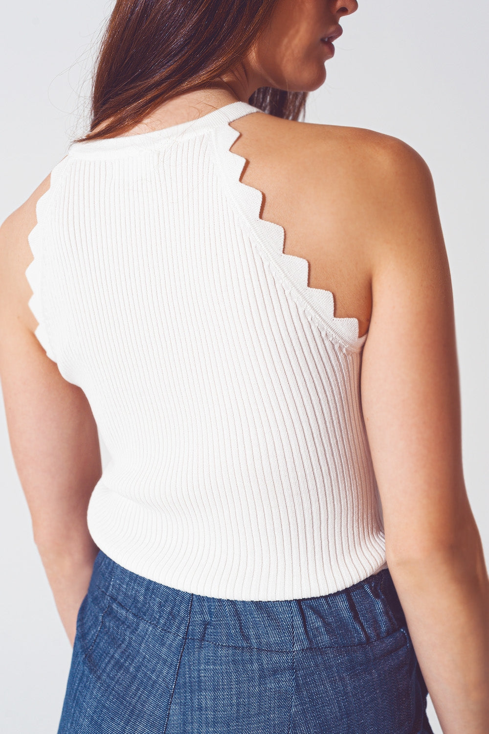 Ribbed Halter Top With Scalloped Finish in White - Tops