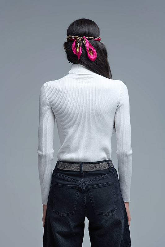 Rolled Turtle Neck Ribbed Sweater in White - Sweaters