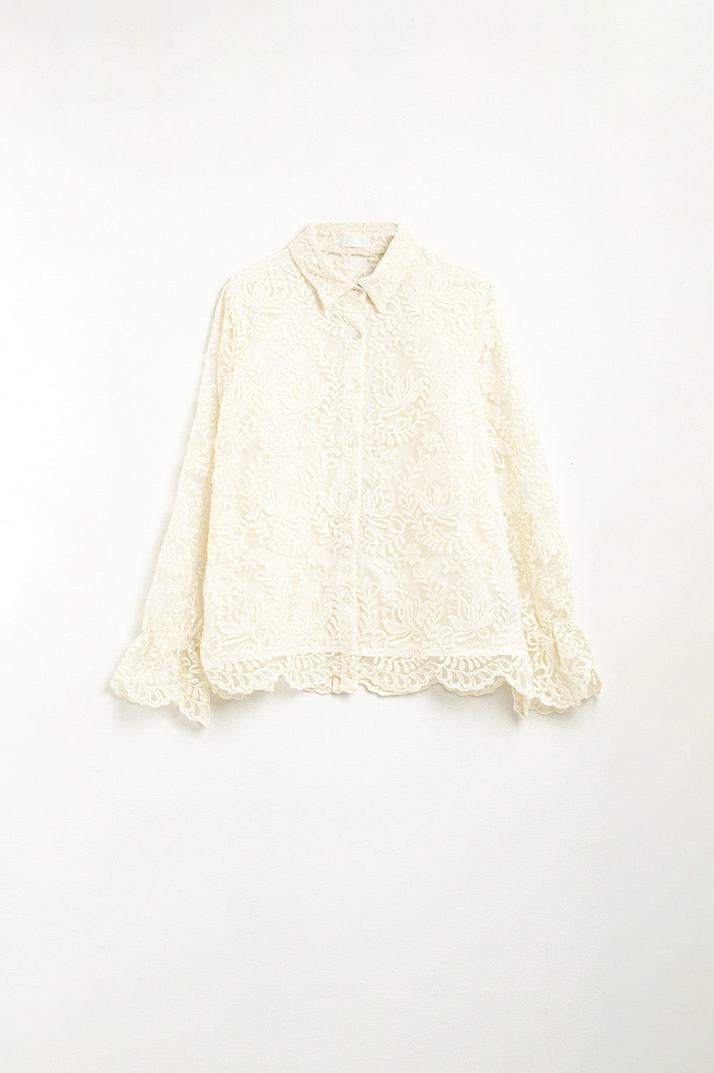 Romantic beige Lace Shirt With Balloon Sleeves - Shirts