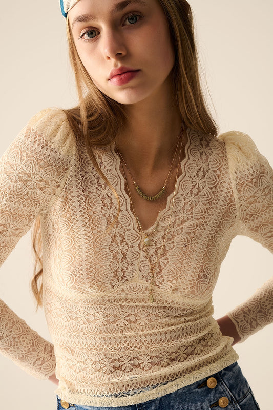 Romantic V-neck Lace Top With Long Sleeves in beige - Tops
