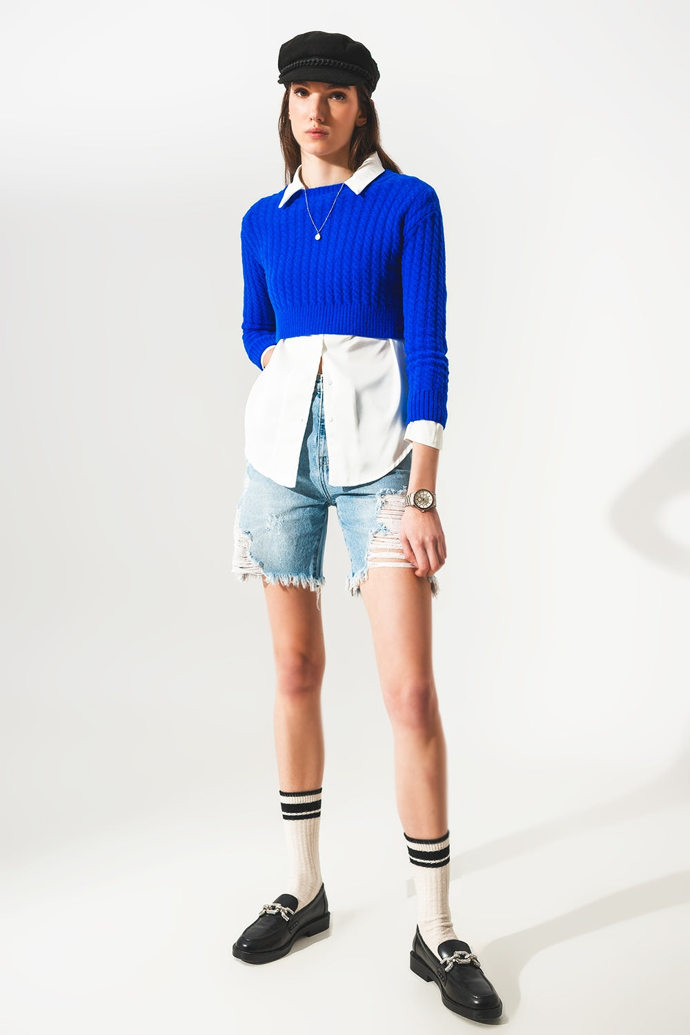 Round neck cable knit crop jumper in blue - Jumpers