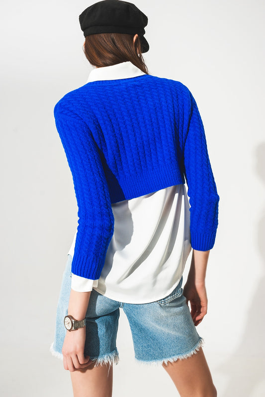 Round neck cable knit crop jumper in blue - Jumpers