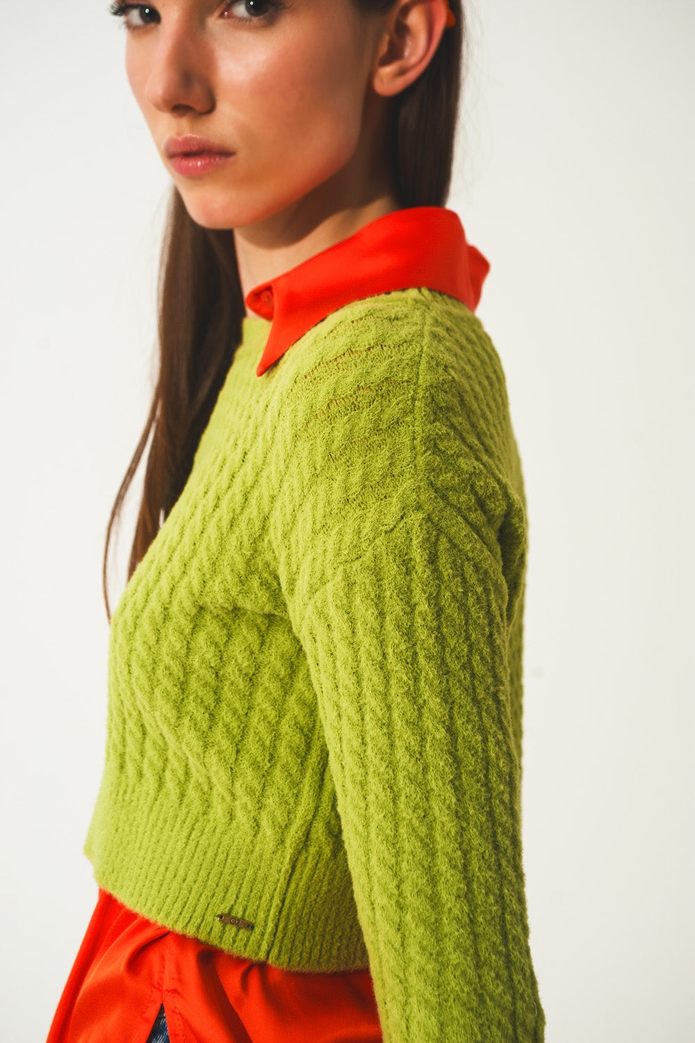 Round neck cable knit crop jumper in lime green - Jumpers