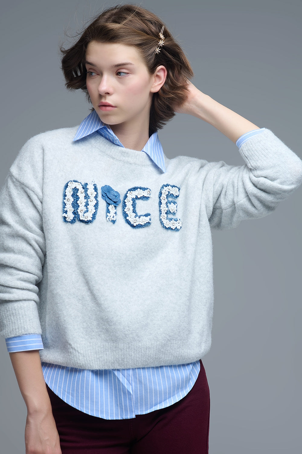 Round Neck Sweater With Embroidered Nice - Sweaters