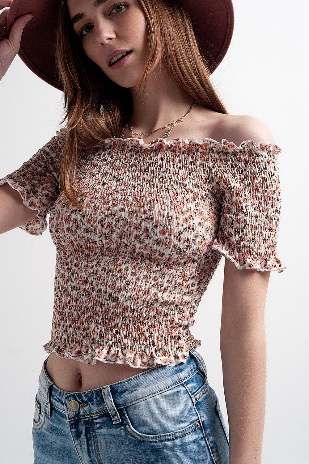 Ruched top in pink ditsy floral - Tops