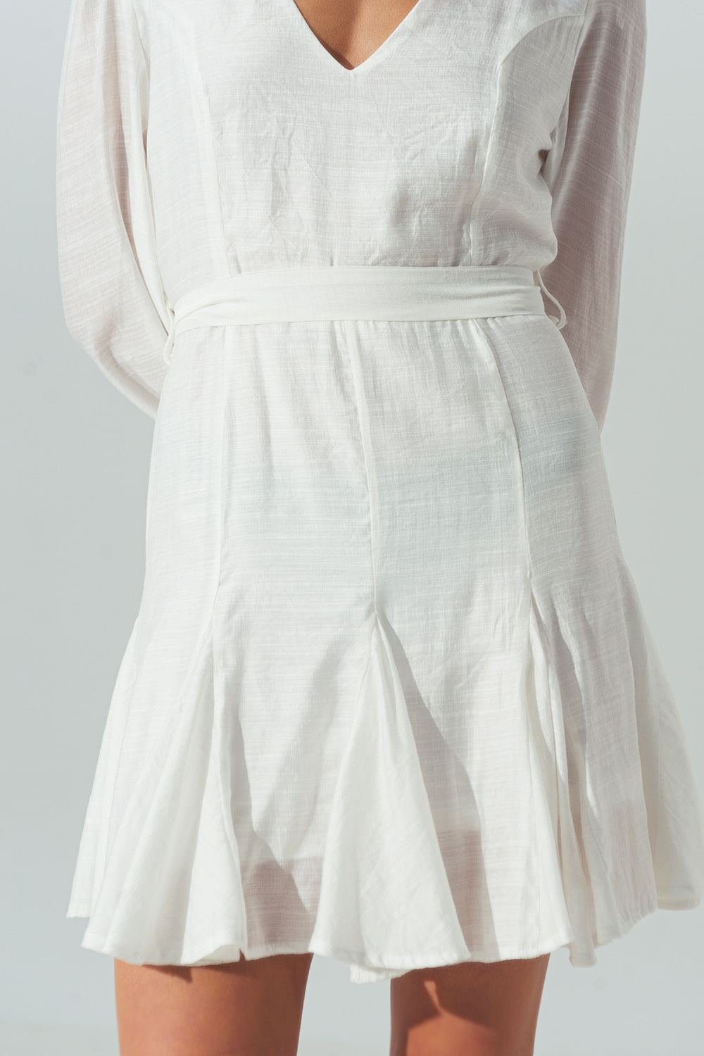 Ruffle V Neck Dress in White - Dresses