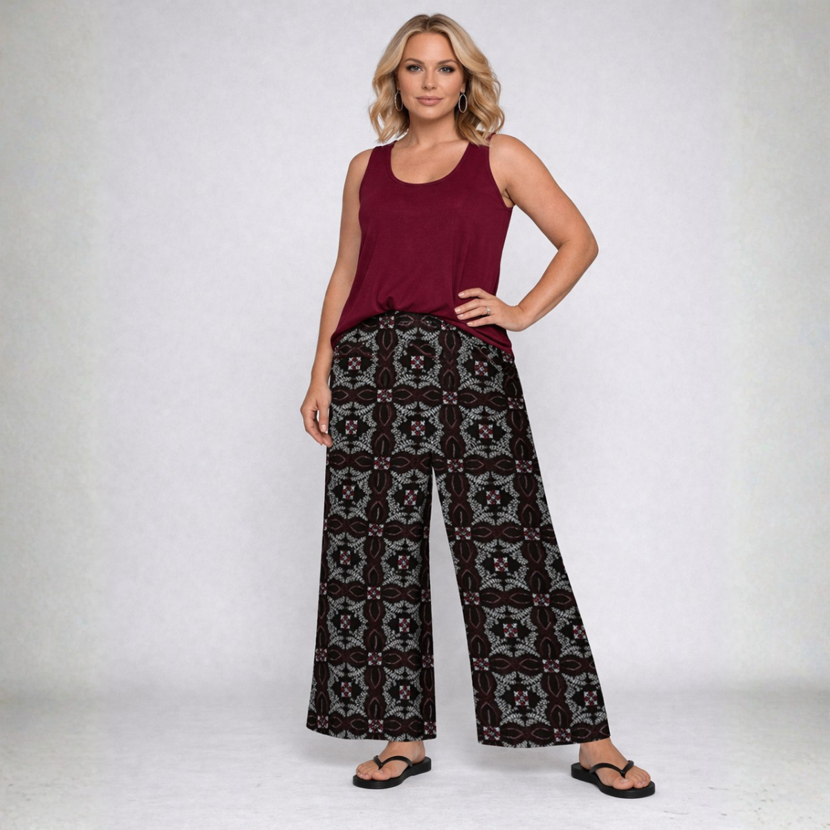 Black Tile Print Elastic Waist Palazzo Trousers BLACK WINE - palazzo trousers
